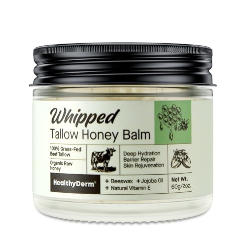 Beef Tallow Honey Balm for Skin: 100% Grass Fed Whipped Organic Moisturizer with Organic Raw Honey, Jojoba Oil, Vitamin E – Natural Face and Body Care for Mature, Dry or Sensitive Skin, 2oz