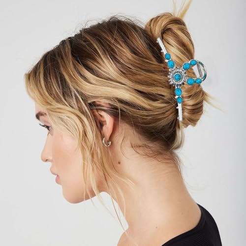 2 PACK Extra Turquoise Blue Stone Sun Hair Claw Clip, Metal Retro Style Hairpin Western Hair Clip, Nonslip Hair Accessories for Thick Hair miniatura 5