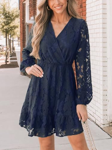 Image of CUPSHE Women Elegant V Neck Lace Peasant Sleeve Mini Summer Dress Elastic High Waist A Line Casual Wedding Guest Dress