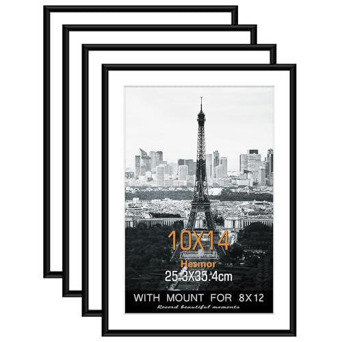 Hesmor 10 X 14 Inch Picture Frame Black Aluminum Acrylic Photo Frames 4 Packs Wall Hanging Post Frame With Plexiglass Window For Display, Landscape Or Portrait With Mat For 8 X 12 Inch