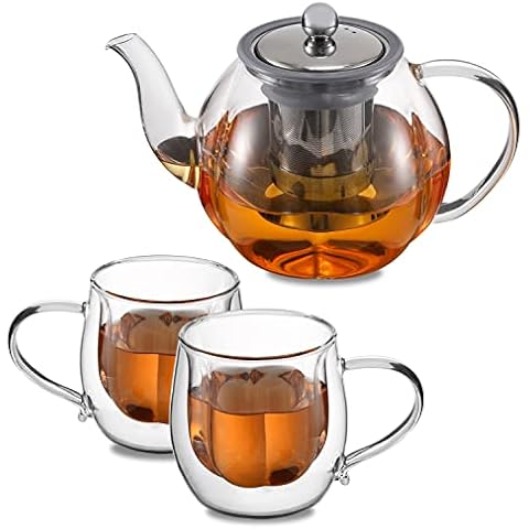 VEVOK CHEF Glass Teapot Set 33oz with 2 Glass Cups Clear Tea Kettle Glass Tea Pot with Removable Stainless Steel Infuser Blooming Loose Leaf Tea Maker Set Stovetop Safe Cover
