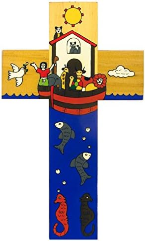 Noah's Ark Cross - 12 cm Christian Hand Painted Cross - Baptism Gift