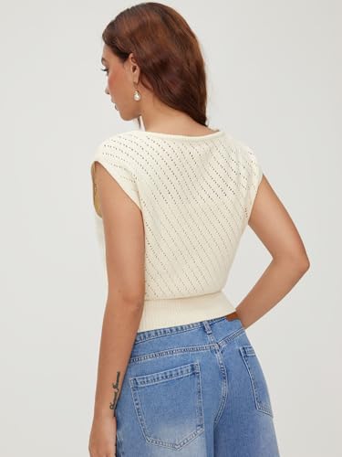 Image of CIDER Summer Short Sleeve Crop Sweater Vest Women Boat Neck Cut Out Tops | Cinched Waist, Light Weight, Ribbed Knit Tops, Hollow Out Crochet Vest, Going Out Trendy Tee