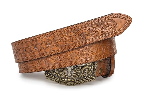 Image of Men's-Western-Leather-Belts Cowboy-Longhorn-Bull-Head-Buckle-Belt Floral-Engraved Waistband for Women