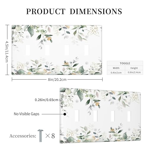 Decorative Switch Plate Covers Rustic Ink Green Eucalyptus Leaves Sage leaf 4 Gang Light Switch Cover Plate Quad Toggle Wall Plate Light Switch Covers for Country Bedroom Home Decor