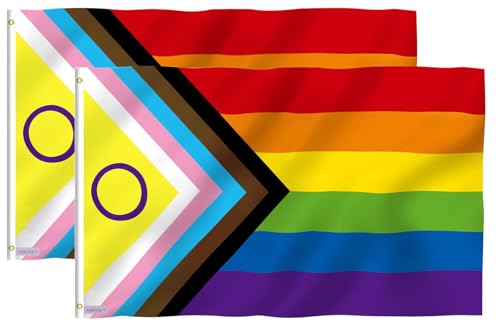 Fontee® 2 Stück [Progress Pride Flagge] [90X150 cm] [Lebendige Farbe] [UV-lichtbeständig] [Leinwandkopf] [Doppelt genäht] [Dicke Messingösen] [Regenbogenfahne]