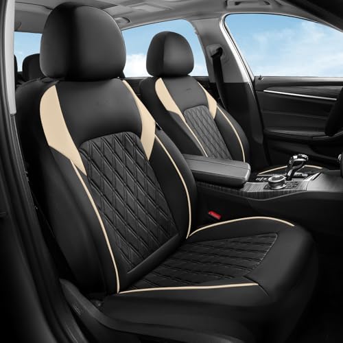 Image of Coverado Front Seat Covers, Car Seat Covers for Cars, Faux Leather Driver Seat Covers, Waterproof Car Seat Cushion, Front Auto Seat Covers Luxury Car Seat Protector Universal Fit Most Cars Black&Beige
