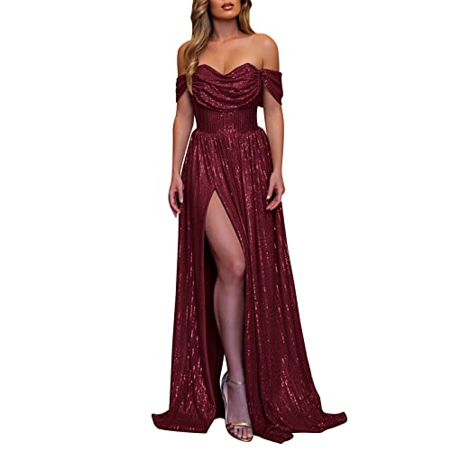 Abendkleid Damen Lang Glitzer Korsett Kleid Damen Elegant Abschlusskleider Schulterfrei Ärmelloses Cocktailkleid Hohe Taille Mit Schlitz...