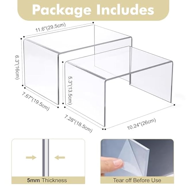 Acrylic Clear Kitchen Rack for Dishes, Spices Jars and Mugs, Kitchen Counter Cabinet Organizer, Clear Spice Rack Shelves, 5mm Thick, 2 Pack