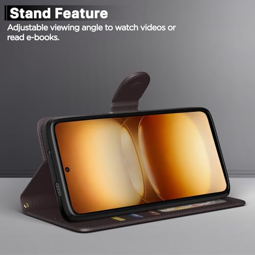 Image of Amazon Basics Flip Cover for iQOO 15R 5G Leather Finish | Wallet Stand and Shock Proof | Inside TPU with Card Pockets | Complete Protection Flip Case (Coffee)
