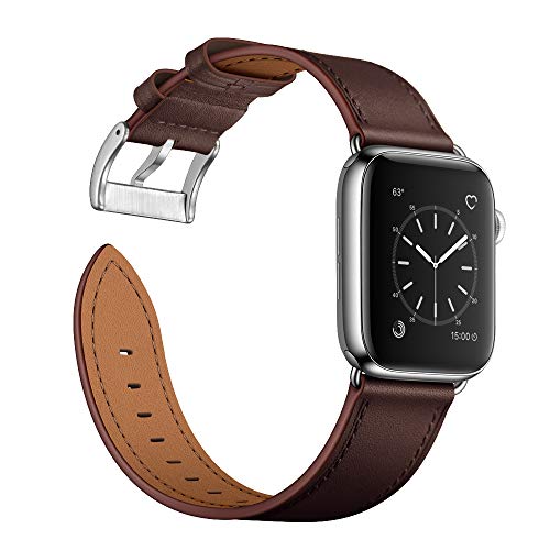 OUHENG Leather Bands Compatible with Apple Watch Band 49mm/46mm/45mm/44mm/42mm, Genuine Leather Strap for iWatch Series 11/10/9/8/7/6/5/4/3/2/1 & Ultra 3/2/1 & SE3 SE2 SE, Chocolate Brown/Silver