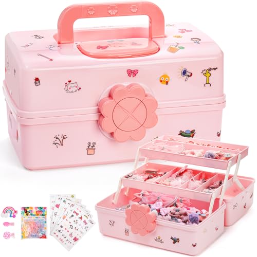 ZOOFOX Cute Hair Accessories Organizer for Girls, 3-Layers Pink Craft Storage Container with Handle, Lockable Storage Box for Hair Clip, Headband, Scrunchie, Cosmetic, Sewing, Toy, Washi Tape
