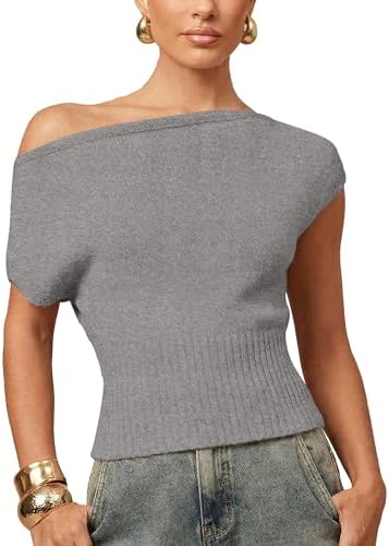Hixiaohe Off The Shoulder Tops for Women Casual Ribbed Knitted Cap