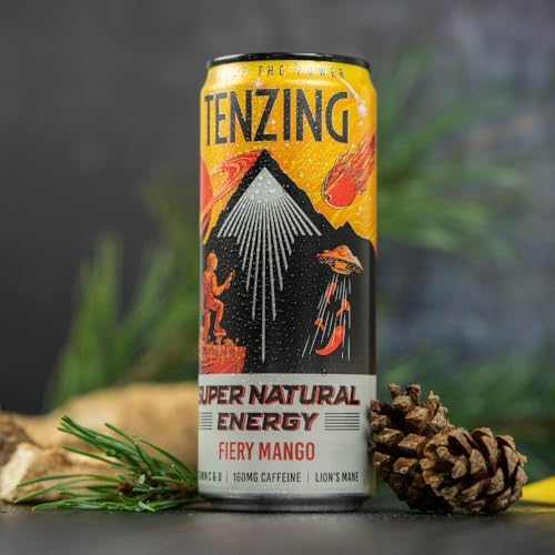 TENZING Super Natural Energy Drink, Fiery Mango, 160MG Caffeine, Vitamin D, Magnesium, Mushrooms, Plant Based, Vegan, & Gluten Free, 330ml (Pack of 12)