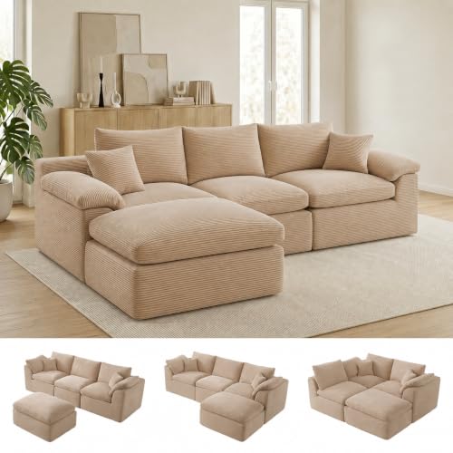 Image of Cloud Sectional Couch, Boneless Couches for Living Room, Camel | L shaped, Modular Sectional Sofa with Deep Seat & Convertible Ottoman, Built for Family Life, Apartments & Living Rooms