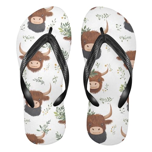 ALAZA Cartoon Highland Cattle Flip Flops for Women Fashion Beach Slippers Comfort Mens Flip Flops Non-Slip Rubber Shower Slippers Sandal for Hotel Travel Sport,XS