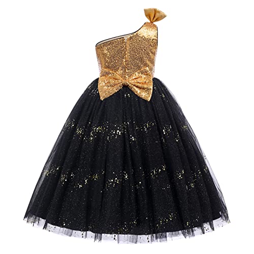 Kids Girls Bowknot Sequin Tulle Party Dress One-Shoulder Wedding Bridesmaid Flower Girl Dresses Pageant Formal Prom Ball Gown3