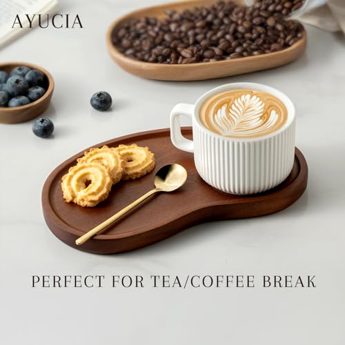 AYUCIA Pretty Ceramic Coffee Cup with Solid Wood Plate Set for Tea/Coffee Break, 8OZ White Cappuccino Cup with 9.4inch Acacia Serving Saucer and Spoon for Latte Dessert Breakfast by AYUCIA - Image 3