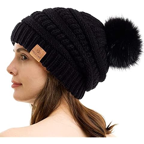 PAGE ONE Womens Fleece Lined Slouchy Beanie Chunky Baggy Hat Fur Pompom Winter Soft Warm Cap Black Cover