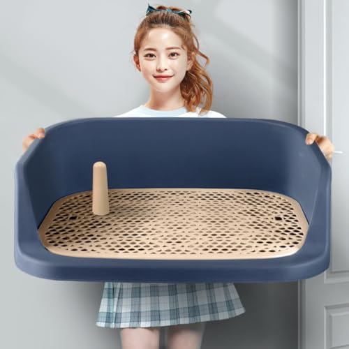Figoday 犬 トイレトレー 壁プレート付き ペット メッシュカバー 誤飲防止 尿柱 ステップ壁付トイレ 飛び散りにくい 取付簡単 水洗い可 ペットトレイ トレーニング しつける PP 犬小便器 (ダークブルー)