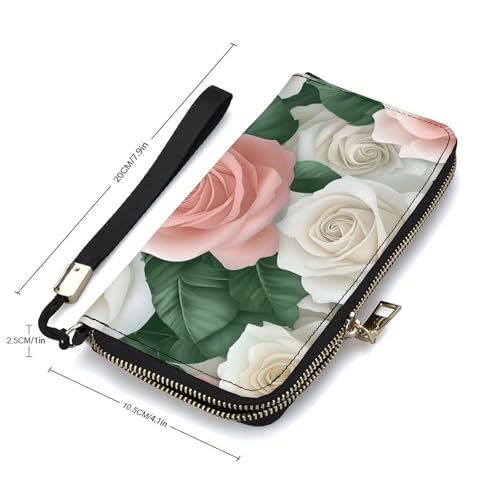 Soft Pink And White Roses PU Leather Clutch Long Bifold Wallet, Coin Purse Credit Pass Case, Durable Card-Holder Money Storage for Women Men2