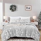 JANZAA Christmas Bedding Queen Comforter Set with White Snowflake Stereoscopic on Grey Comforter Soft Velvet Comforter Set