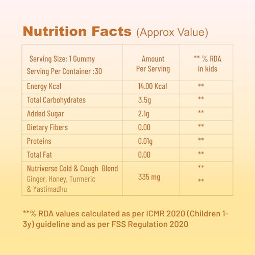 Image of BabyOrgano Nutriverse Cough & Cold Relief Gummies for Kids (2-15 yrs) | 30 Gummies | Relieve Dry Cough, Throat Irritation | Non-Drowsy, Ayurveda Inspired Formula, | Honey Flavor