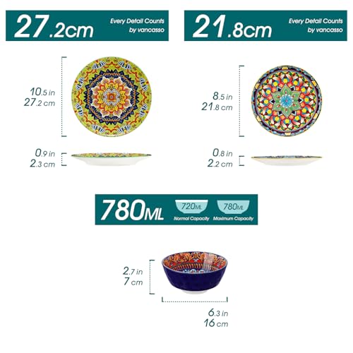 Image of vancasso 18 Pieces Plates and Bowls Set, Bohemian Style Dinnerware Sets Service for 6, Porcelain Boho Dishes Set for Kitchen, Housewaring Gift, Dishwasher and Microwave Safe, Series KRVI