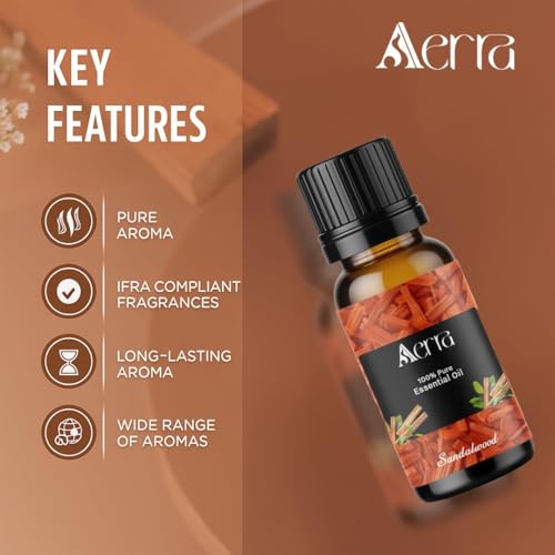 Image of Aerra Sandalwood Essential Oil 15ml | Diffuser 100% pure steam-distilled. Triple-tested purity. Amber glass + dropper. Soft floral aroma. Diffuser, aroma lamp, skin & hair. Potpourri. Vegan. Daily use.