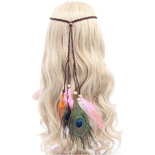 2017 Hot Headdress! AMA(TM) Women Girls Bohemia Peacock Feather Headband Braid Beads Hair Rope Carnival Festival Headdress Hair Accessories (Coffee)
