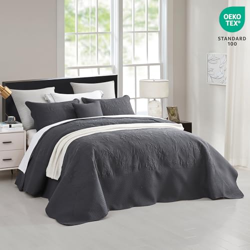 Image of CHIXIN Bedspread Coverlet Quilt Set Full Size - Lightweight Bedding Cover - Ultrasonic Quilting - 5 Piece Reversible Bedspread - Vintage Rose Pattern (Full, Dark Grey)