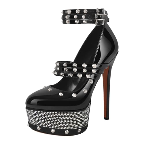 onlymaker Close Toe Stiletto Platform Mary Jane Pumps for Women Triple Buckle up Rivet Studded Strappy Party Shoes2