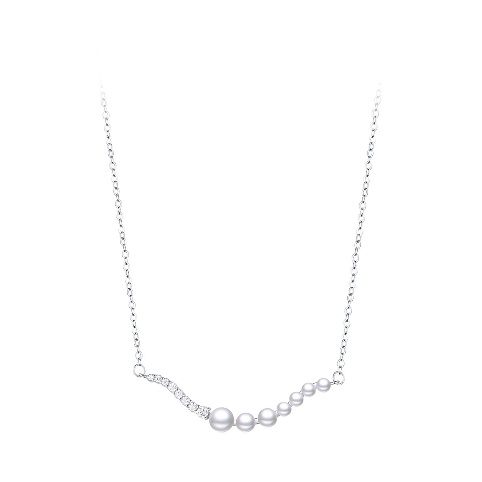 Collar de Oro Blanco 9K / 14K / 18K para Mujer, Líneas Irregulares y Perlas con Moissanita, Collar Colgante Cadena de Plata Mujer