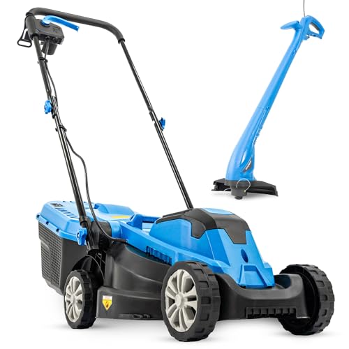 Hyundai Electric Lawn Mower & Grass Trimmer Set 1300W 33cm Corded Lawnmower + 250W 25cm Trimmer 30L Grass Box 11m & 10m Cables Lightweight Small Gardens Blue