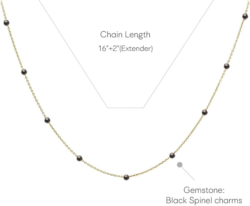 Black Spinel Beaded Necklace, MUSTHAVE 18K Gold Plated Charm Necklace, Real Gemstone, Minimalist Layering Jewelry for Women, Multi Charm, Dainty Gemstone Jewelry, Gift for Her, 16+2 inch (Yellow Gold) - Image 2