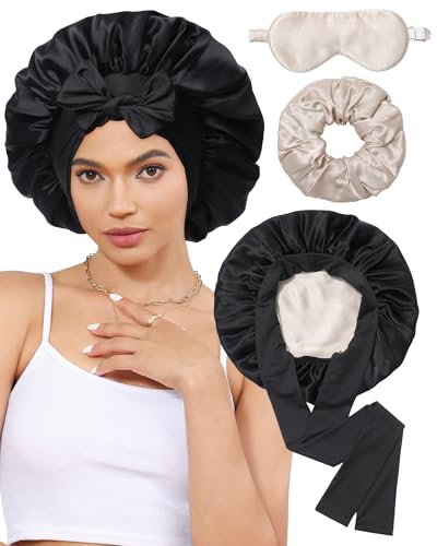 100%マルベリーシルクボンネット 眠れる女性用 シルクヘアボンネット ゴムタイバンド ヘアラップ シルクヘアシュシュとシルクスリープアイマスク(ブラック+シャンパン)