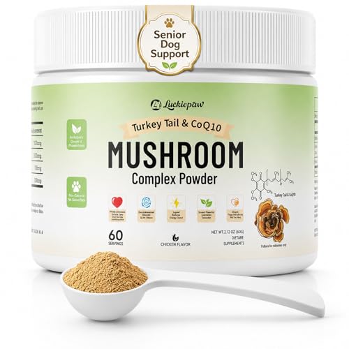 Luckiepaw Organic Turkey Tail Mushroom Supplement for Senior Dogs & Cats 10-in-1 Functional Mushroom Powder with CoQ10 for Immune Support Digestive Health Chicken Flavor Scoop Included