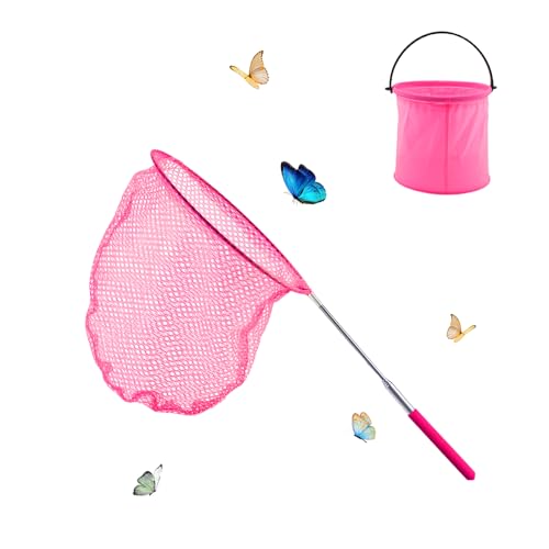 XIAQICA Pinker Kescher Kinder Teleskop Schmetterlingsnetz with Faltbarer Eimer Kächersieb Kinder Kinderkescher für Fangen von Insekten Fischen Outdoor Strand Garten Aktivitäten (Rosa)