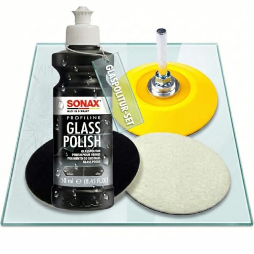 Glaspoliturset bestehend aus einer SONAX 250ml Glass Polish + 2 Stück Flexipads Ø75mm Glas-Polierpads + Craft-Equip 75mm Stützteller mit 6mm Spanndorn