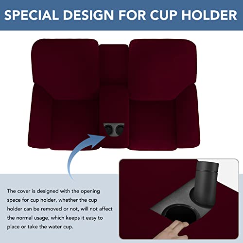 Image of Easy-Going Stretch Recliner Loveseat Cover with Center Console Sofa Slipcover Soft Fitted Fleece 2 Seats Couch with Holder and Storage Washable Furniture Protector Wine