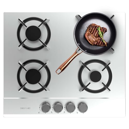 Cecotec Placa de Gas 4 Fuegos Bolero Squad GN 4200S Inox. 8kW, Preparada para Gas Natural, Acero Inoxidable, Parrillas Individuales de Hierro Fundido, Quemador Wok Triple Corona, Encendido Eléctrico