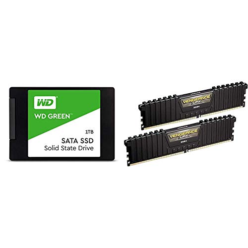 Western Digital 1TB WD Green Internal PC SSD - SATA III 6 Gb/s, N/A, 2.5/7mm, WDS100T2G0A & Corsair Vengeance LPX 16GB (2x8GB) DDR4 DRAM 3000MHz C15 Desktop Memory Kit - Black (CMK16GX4M2B3000C15)