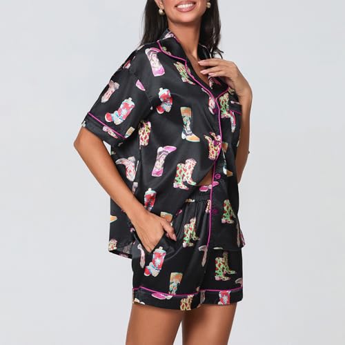 Image of Yiulangde Women's Easter Pajamas 2 Piece Sets Satin Short Sleeve Preppy Easter Eggs Bunny PJs Outfit Button Up Loungewear Set
