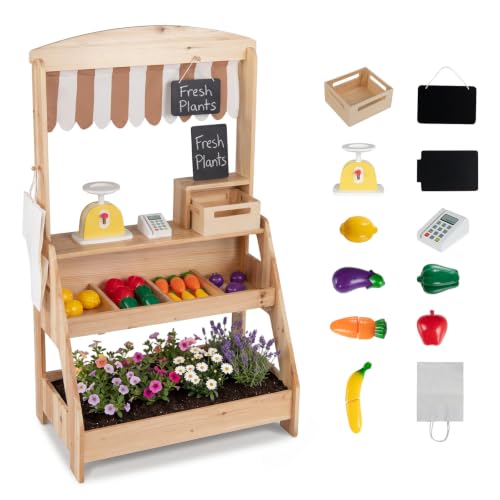 HONEY JOY Kids Farmers Market Stand with Planter Box Fir Wood Outdoor Mud Kitchen & Grocery Store Pretend Play 25 Vegetable Accessories Chalkboard Montessori Play Store for Toddlers (Natural)