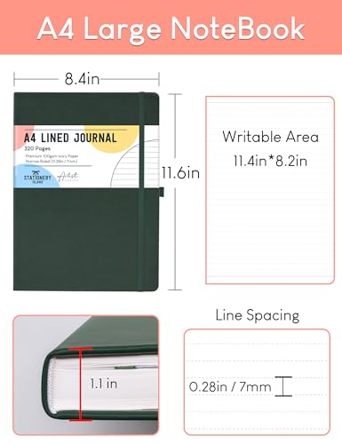 STATIONERY ISLAND A4 liniertes Notizbuch, 320 Seiten dickes Tagebuch, liniertes Tagebuch, Hardcover mit 100 g/m² zum Schreiben, Arbeiten, Lernen, Tagebuch, Beere