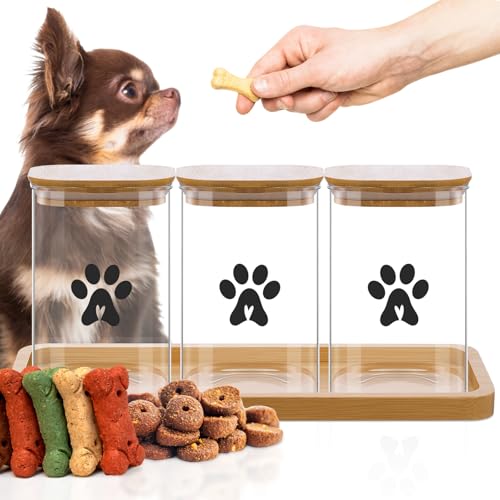 Honeydak Dog Treat Container for Countertop 37oz Airtight Glass Dog Food Storage Container Set with Bamboo Lids Pet Food Organizer with Scoops, Labels, Pen