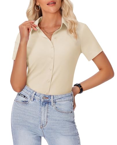 Image of siliteelon Womens Button Down Shirt Slim Fit Stretch Short Sleeve Dress Shirt Wrinkle Free Collared Business Work Blouse Top