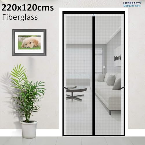 Image of LifeKrafts Mosquito Net Curtain for Door | Magnetic Closure, 120 GSM Fiberglass Material, Black (220x120 cm)