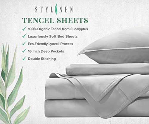 Stylinen 100% Organic Eucalyptus Bed Sheets Queen Size 4 Piece Set, Tencel Lyocell, Silky Soft & Smooth, Breathable, 16 Inch Deep Pockets, 1 Fitted, 1 Flat, 2 Pillowcases (Queen, White) #TOP3