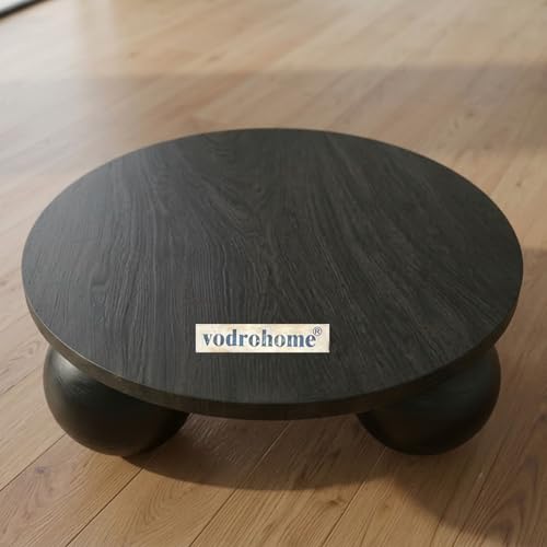 Image of Solid Mango Wood Modern - Round Coffee Table with Ball Shape Base - Bohemian Solid Wood Coffee Table for Office and Living Room C#058 (Black)